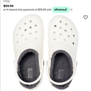 White Crocs with soft gray fuzzy interior
